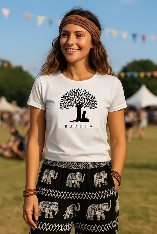 Bohotusk Buddha Under A Tree Cotton Ladies T-Shirt S - 2XL (UK 8 - 18) - 7 colours available