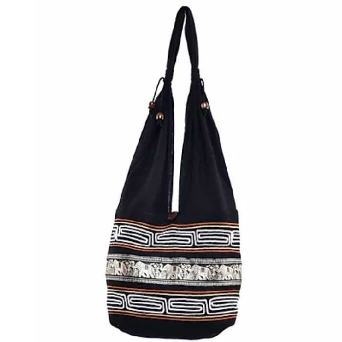 Bohotusk Black Gold Cotton Thai Elephant Hobo Shoulder Bag