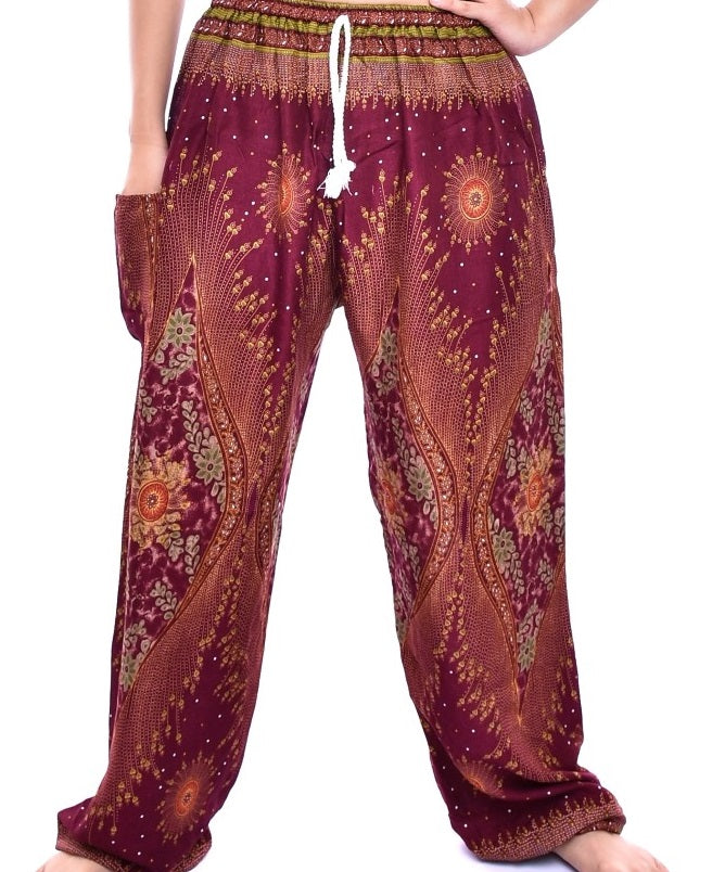 Bohotusk Mens Maroon Moonshine Print Harem Pants Cord Tie Waist M/L to 2XL