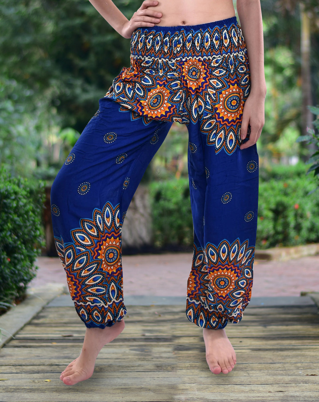 Bohotusk Blue Thai Flower Print Elasticated Smocked Waist Womens Harem Pants S/M only