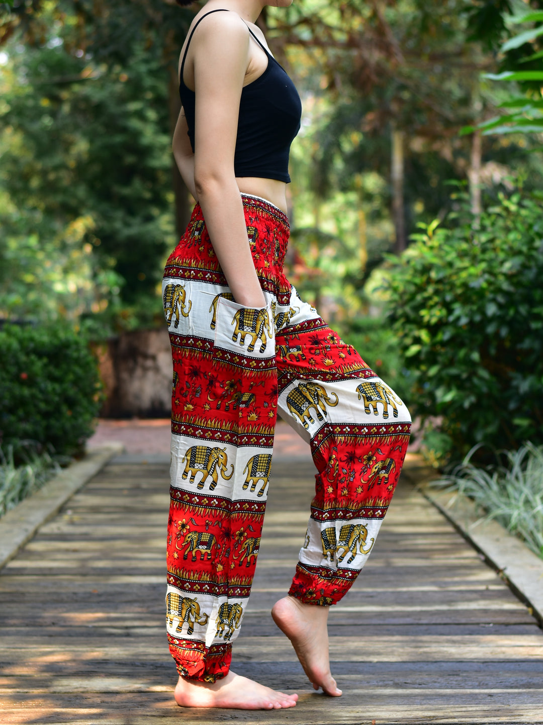 Bohotusk Red Elephant Stripes Print Elasticated Smocked Waist Womens Harem Pants S/M