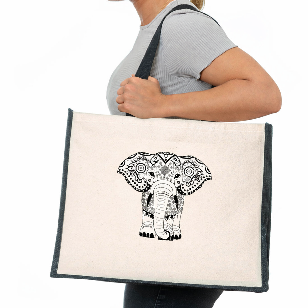 Elephant Print Jute Canvas Tote Bag