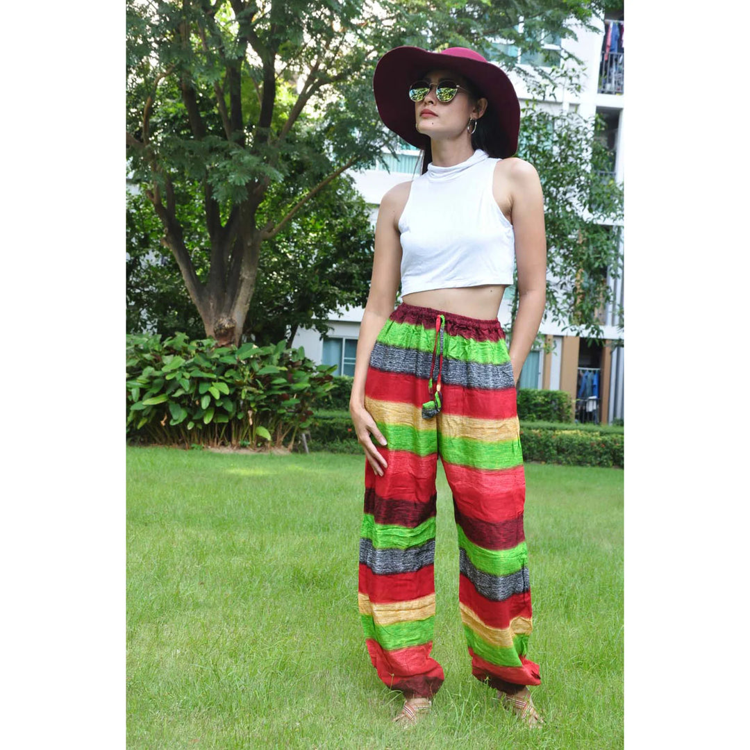 Bohotusk Red Funky Multi Stripe Print Womens Harem Pants Cord Tie Waist S/M Only