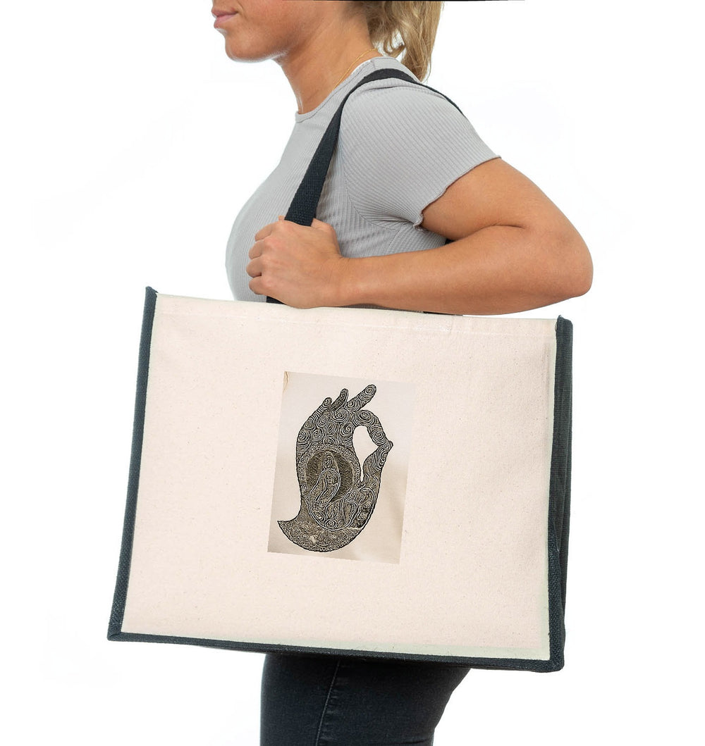 Hand of Buddha Jute Canvas Tote Bag