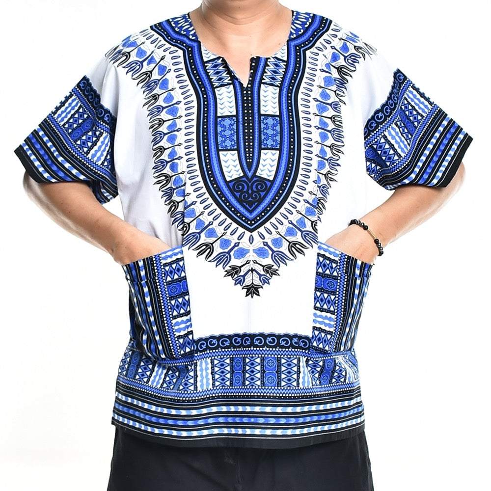 Light Blue White Dashiki Shirt African Poncho