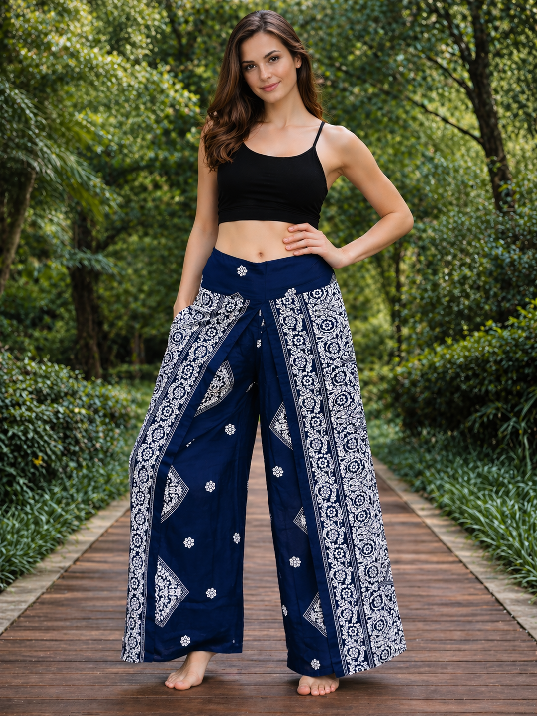 Bohotusk Blue White Flowers Print Womens Palazzo Pants Medium (UK 10 - 12)