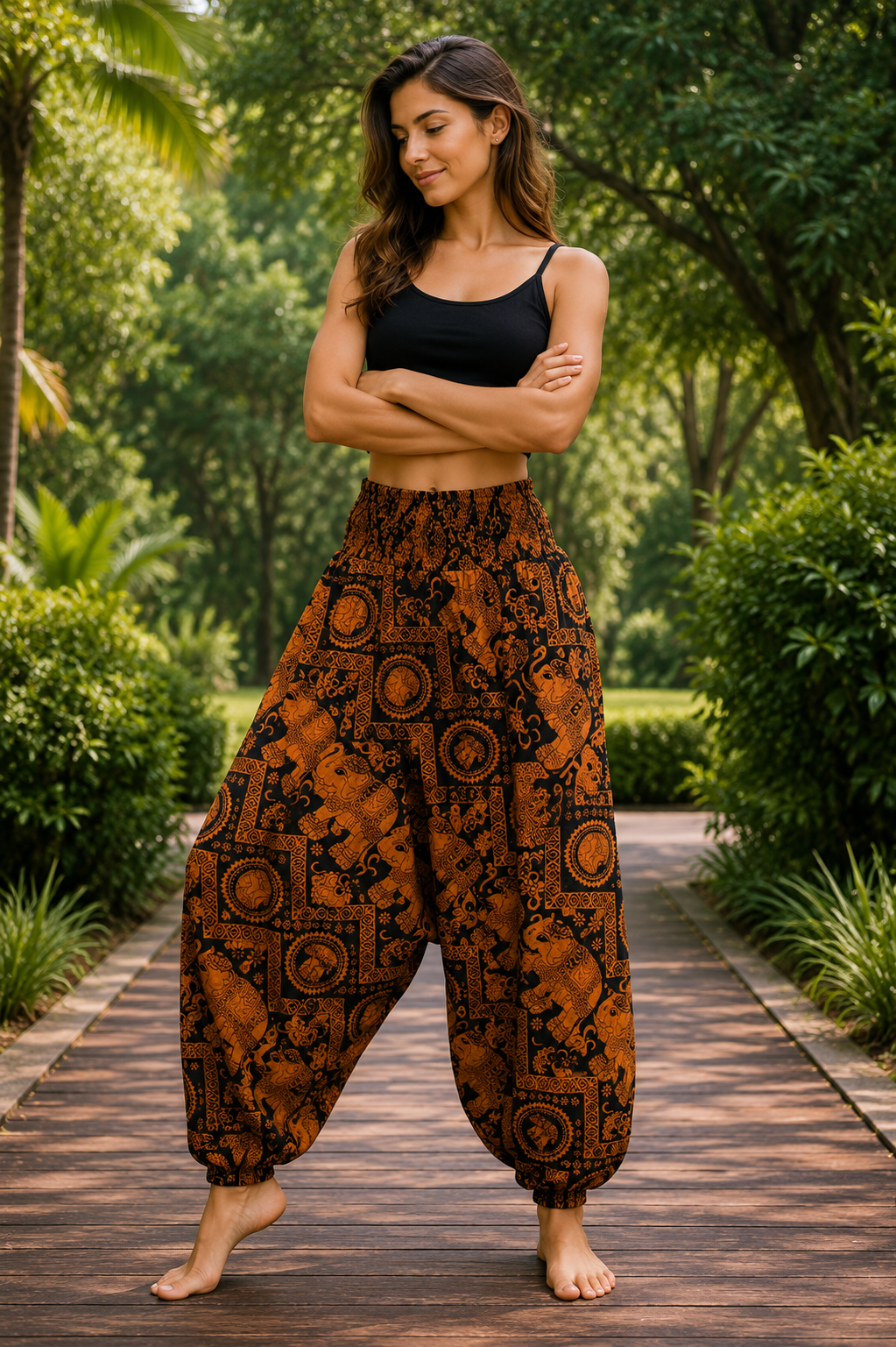 Bohotusk Rusty Brown Elephant Tusker Low Crotch Harem Pants Womens Elasticated Smocked Waist S/M