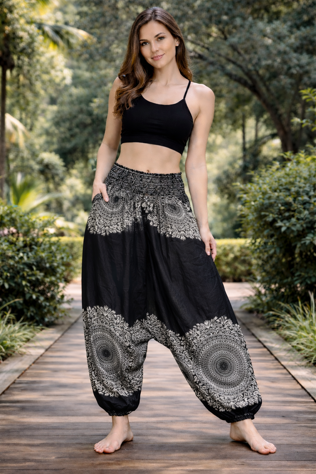 Bohotusk Black Sun Glow Low Crotch Harem Pants Womens Elasticated Smocked Waist S/M Only