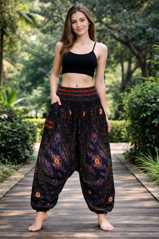 Bohotusk Black Moonshine Low Crotch Harem Pants Womens Elasticated Smocked Waist S/M Only