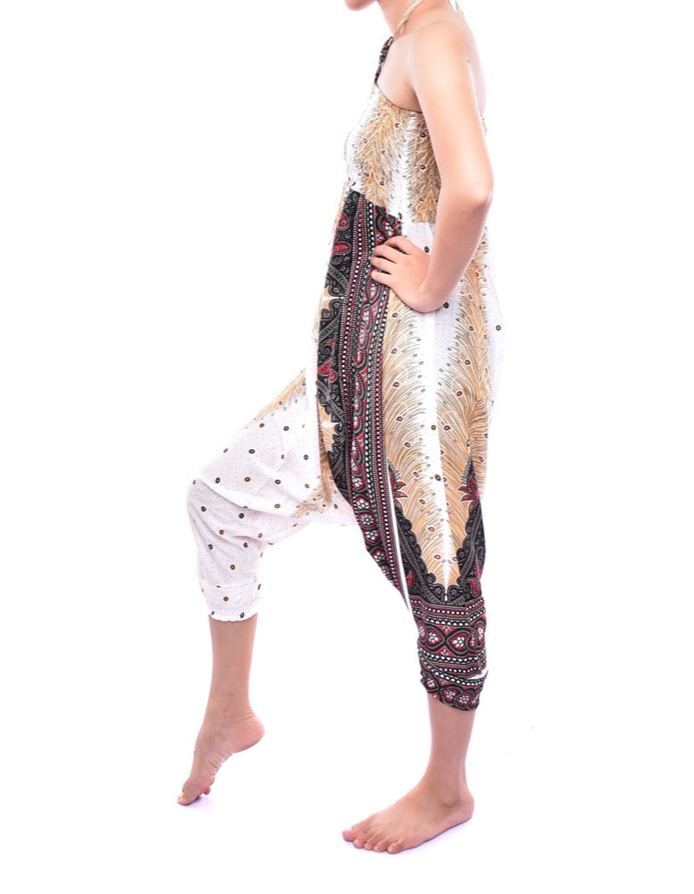 Bohotusk White Brown Peacock Print Low Crotch Harem Pants Womens Elasticated Smocked Waist S/M Only