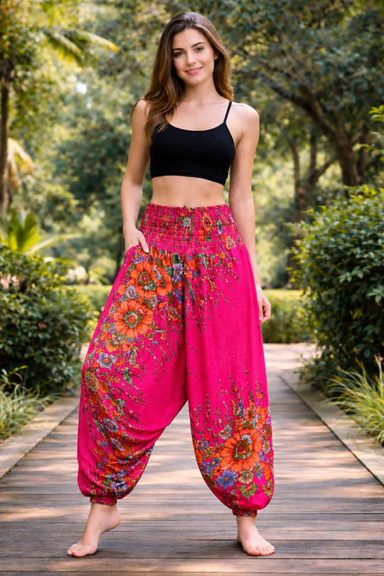 Bohotusk Pink Floral Low Crotch Harem Pants Womens Elasticated Smocked Waist S/M Only