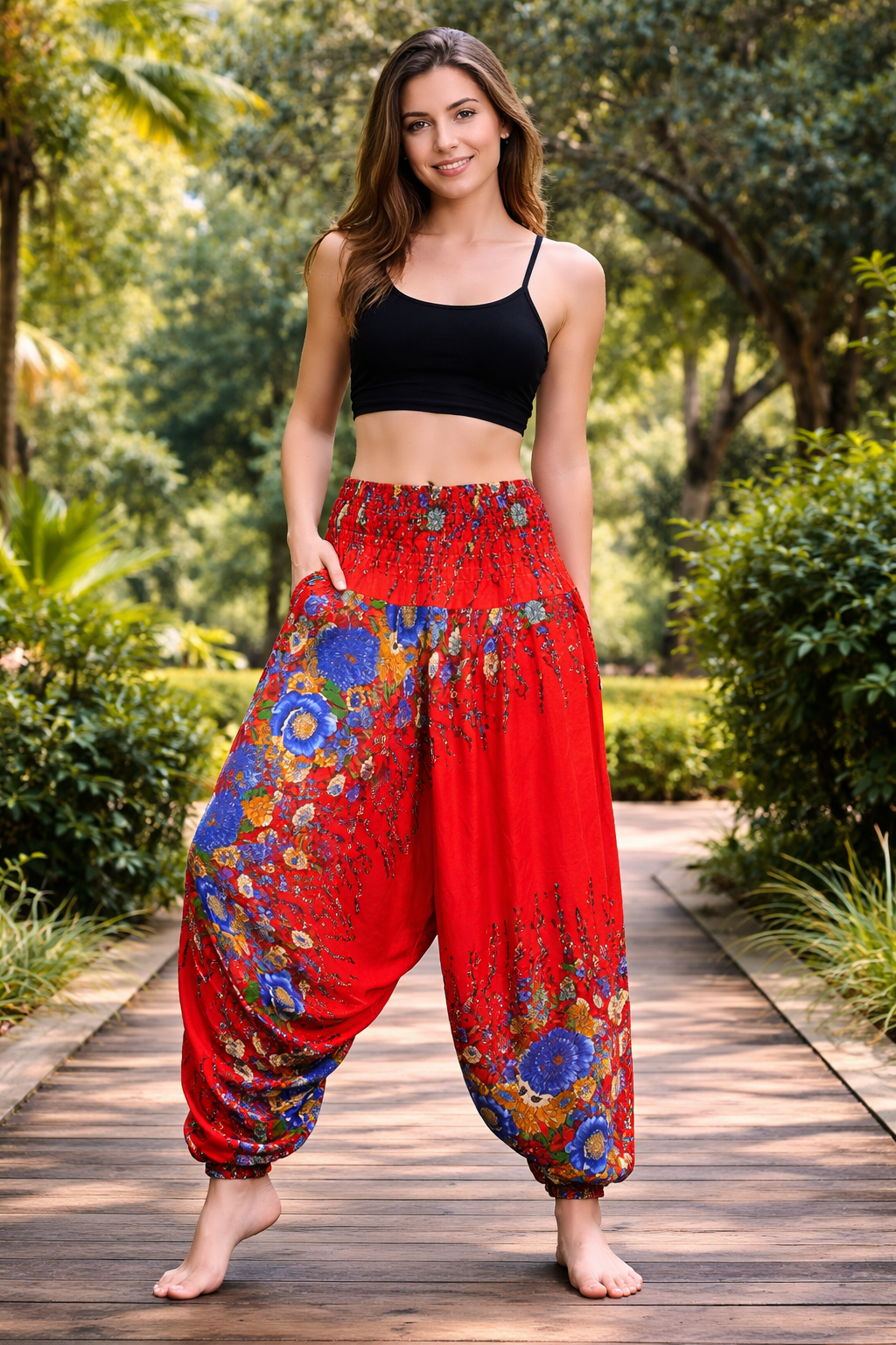 Bohotusk Red Floral Low Crotch Harem Pants Womens Elasticated Smocked Waist S/M Only