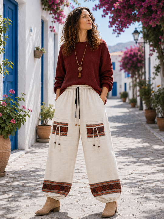 Bohotusk Cream Beige Red Cross Fleece Harem Pants One Size