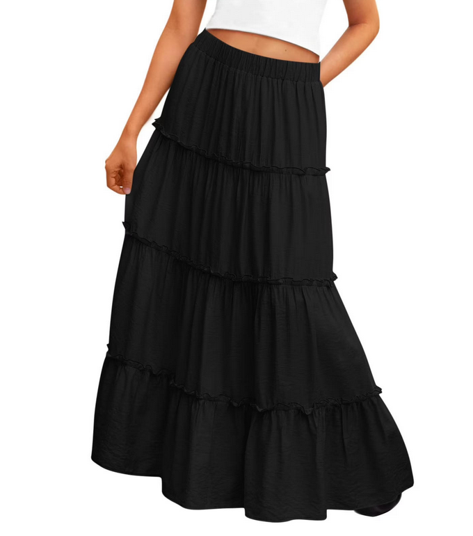 Bohotusk Black Tiered Maxi Skirt – Elastic Waist Boho Summer Skirt