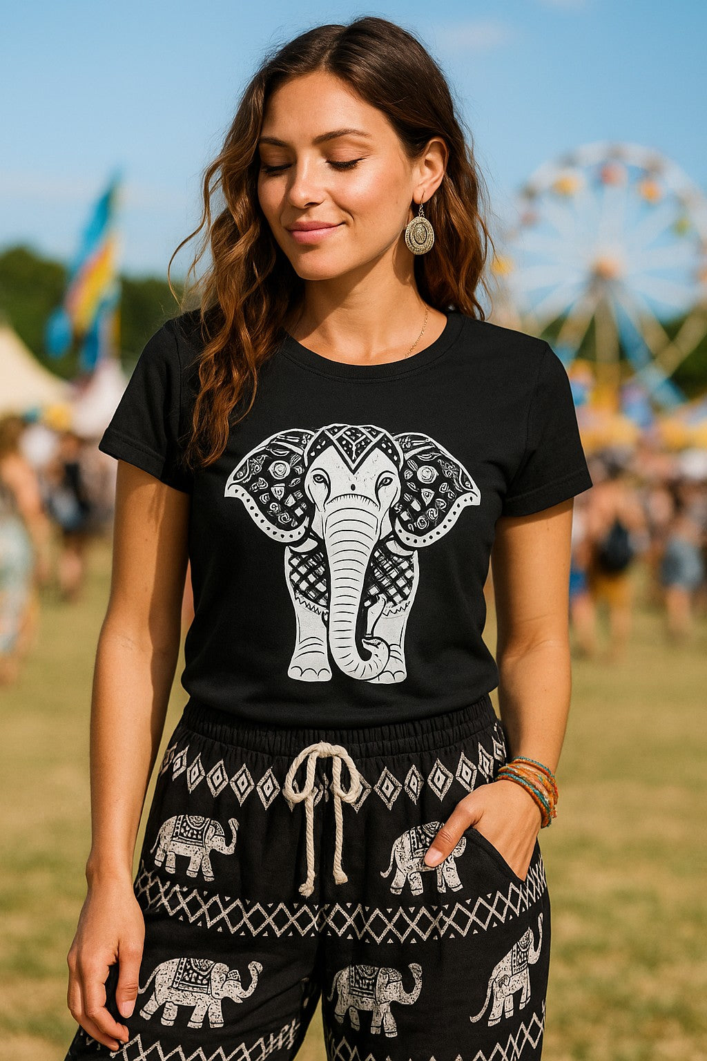 Bohotusk Elephant Print Cotton Ladies T-Shirt S - 2XL (UK 8 - 18) - available in 7 sizes.