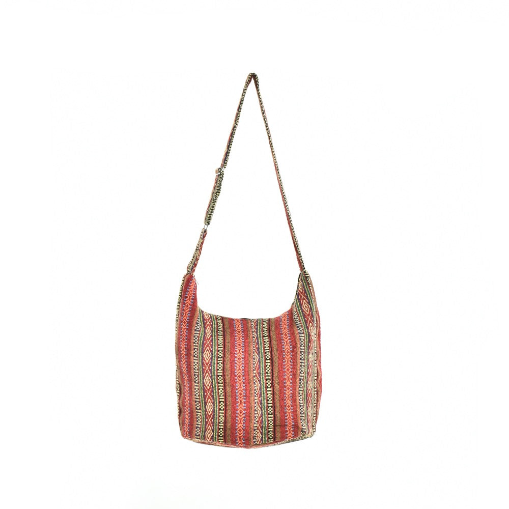 Bohotusk Red Ochre Mutli Stripe Cotton Sling Shoulder Bag Adjustable Strap Zip Closure