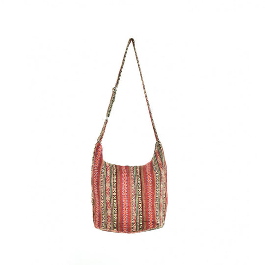 Bohotusk Red Ochre Mutli Stripe Cotton Sling Shoulder Bag Adjustable Strap Zip Closure