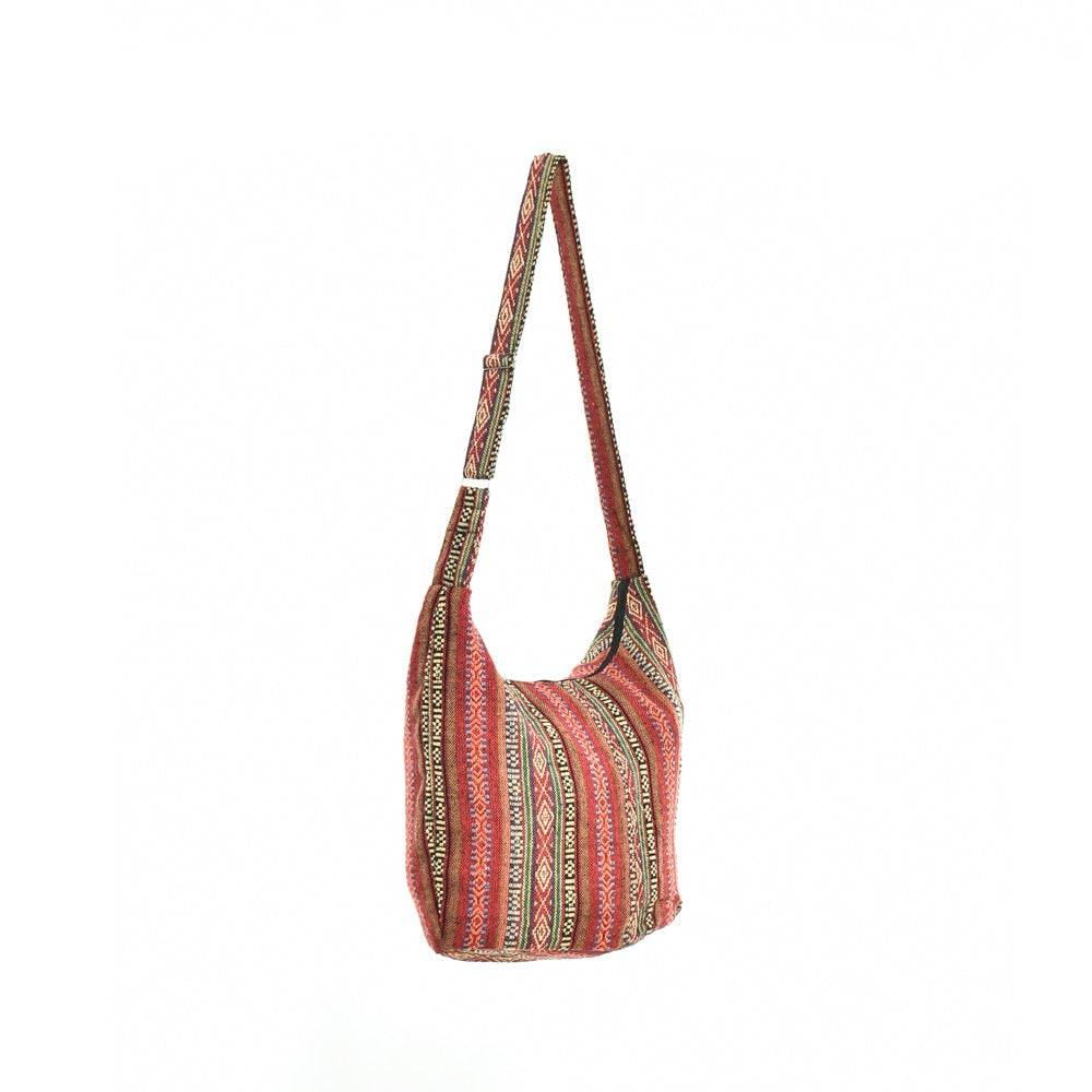 Bohotusk Red Ochre Mutli Stripe Cotton Sling Shoulder Bag Adjustable Strap Zip Closure