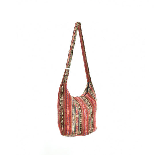 Bohotusk Red Ochre Mutli Stripe Cotton Sling Shoulder Bag Adjustable Strap Zip Closure