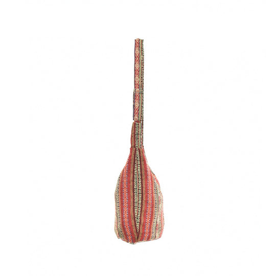Bohotusk Red Ochre Mutli Stripe Cotton Sling Shoulder Bag Adjustable Strap Zip Closure