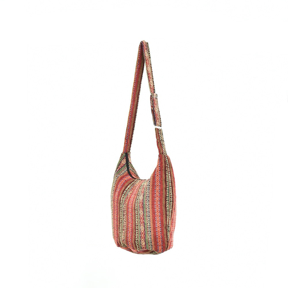 Bohotusk Red Ochre Mutli Stripe Cotton Sling Shoulder Bag Adjustable Strap Zip Closure