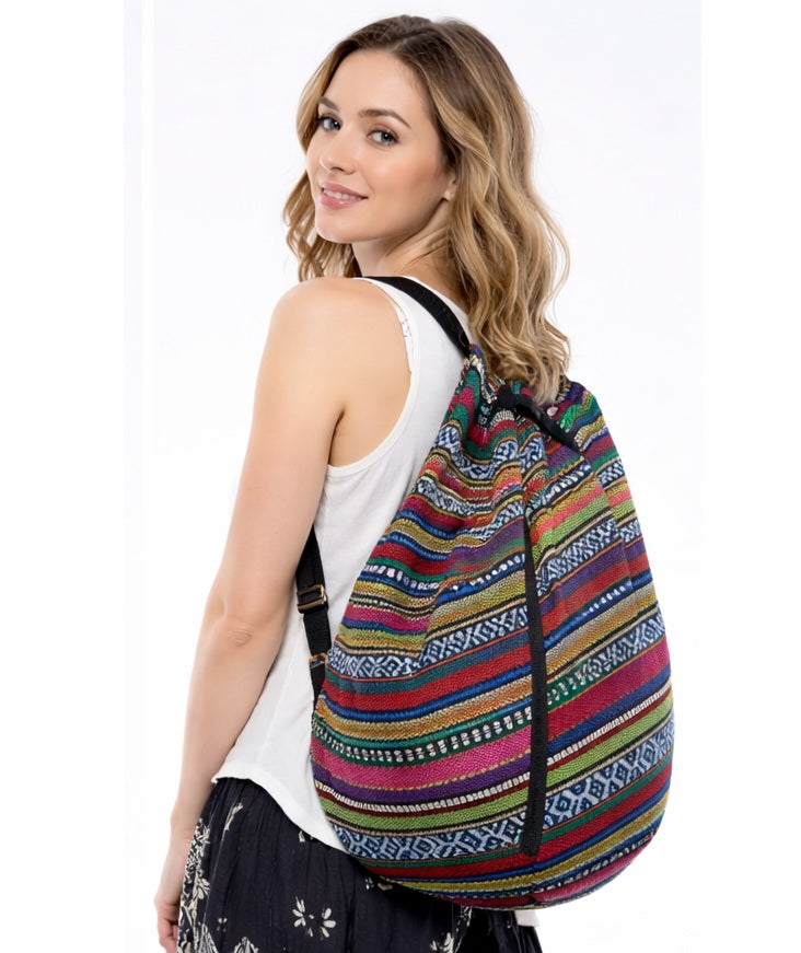 Bohotusk Lime Green Red Striped Multi Coloured Cotton Canvas Duffle Bag