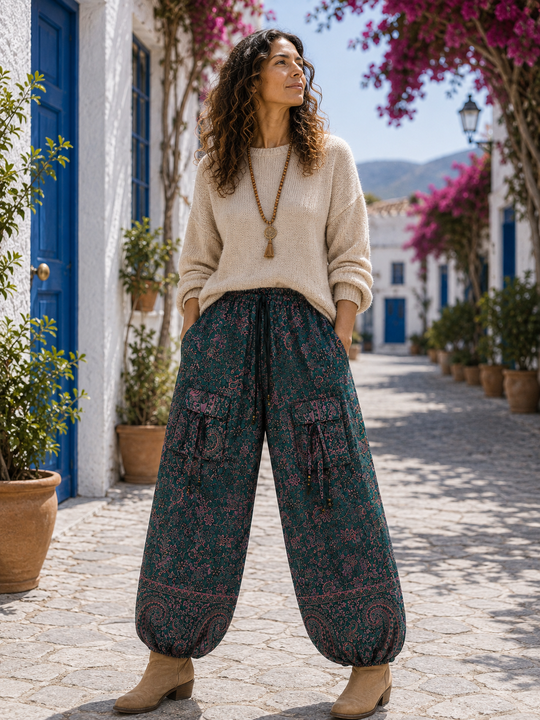 Bohotusk Dark Green Purple Paisley Fleece Harem Pants One Size