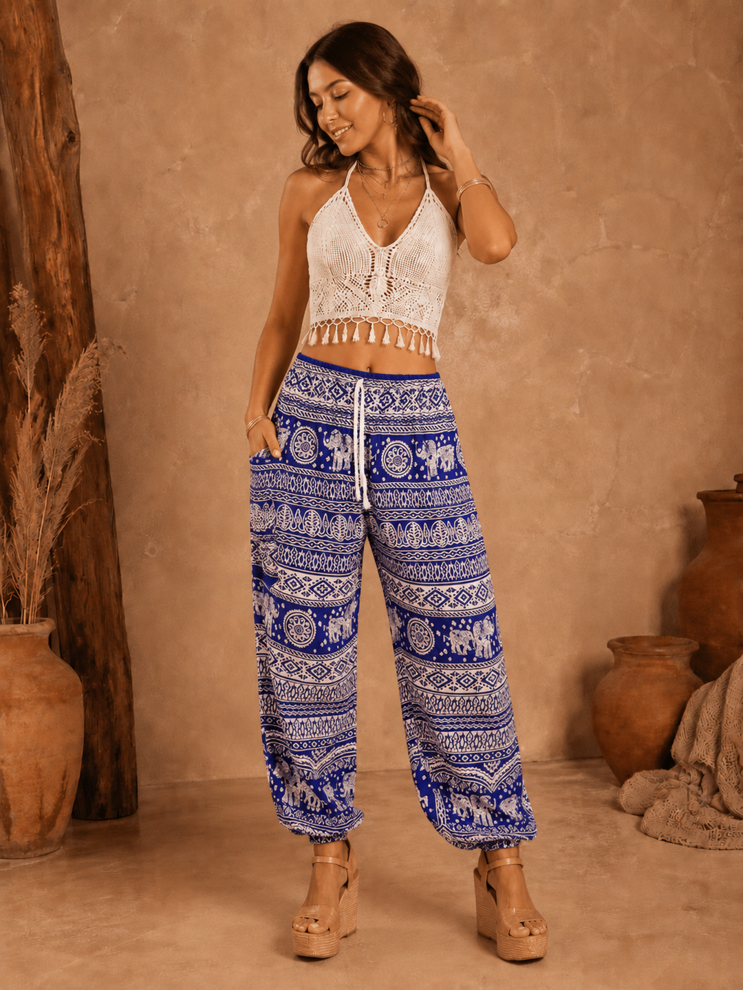 Bohotusk Blue Elephant Calf Print Womens Harem Trousers Tie Waist S/M to L/XL