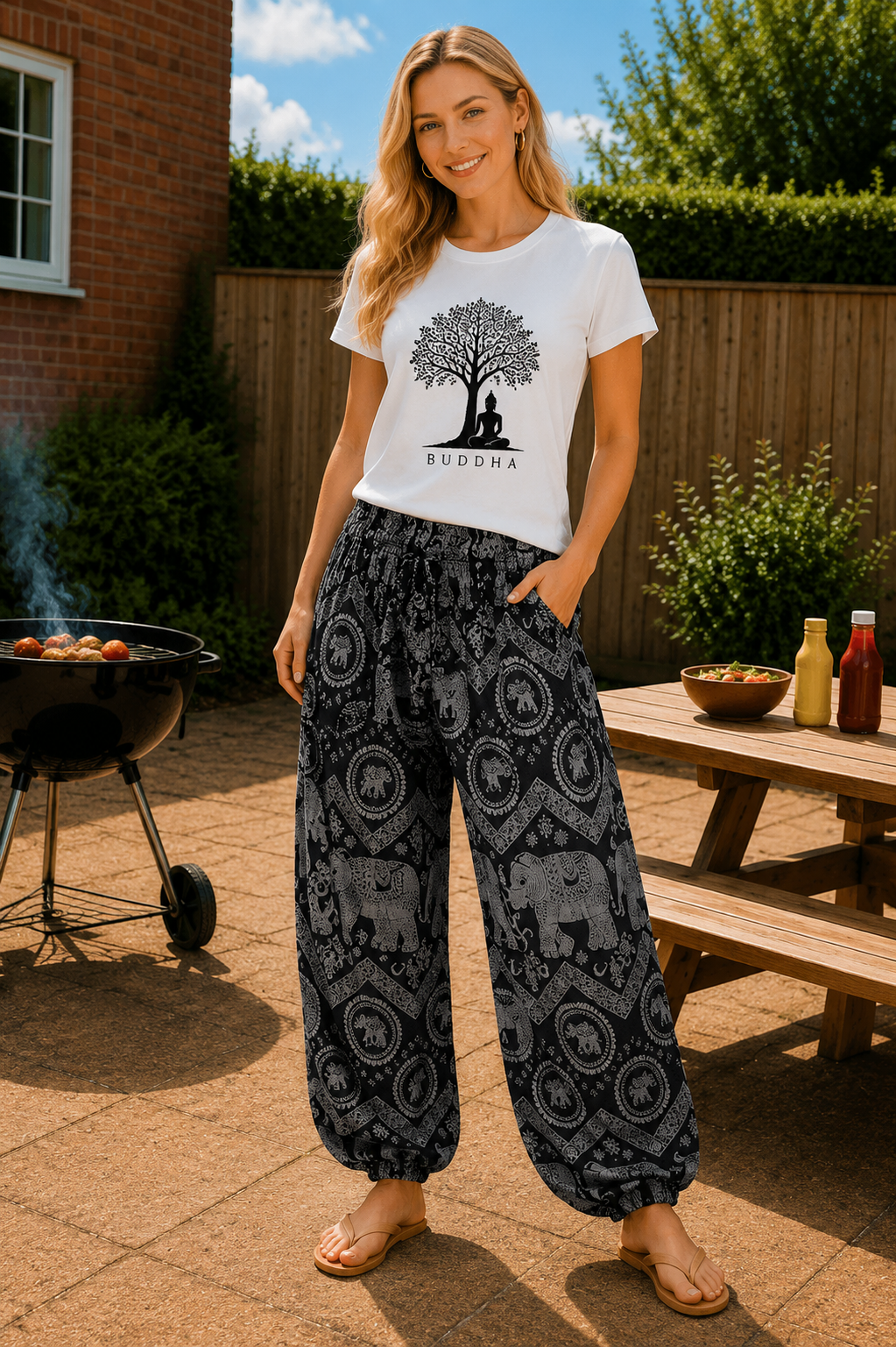 Black Elephant Tusker Harem Pants With Buddha Under A Tree White T-Shirt