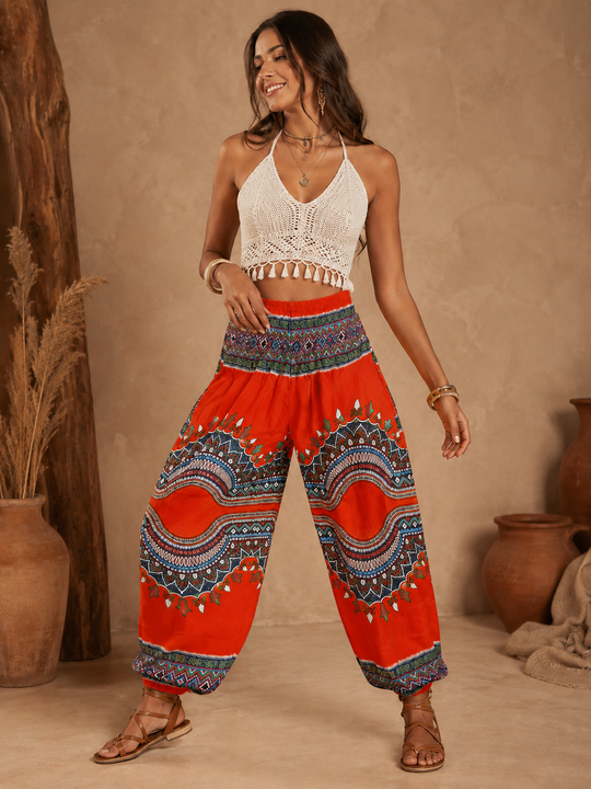 Orange Geo Waves Elasticated Smocked Waist Womens Harem Pants S/M Only