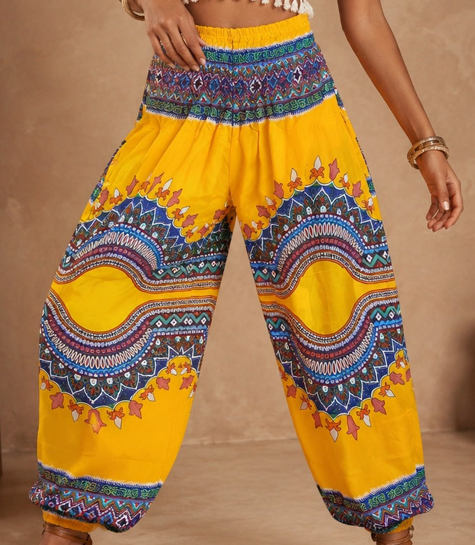 Yellow Geo Waves Elasticated Smocked Waist Womens Harem Pants S/M Only