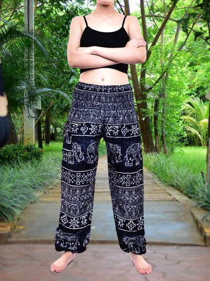 Bohotusk Black Amboseli Elephant Elasticated Smocked Waist Womens Harem Pants S/M
