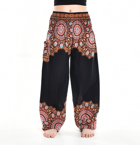 Bohotusk Black Moon Petal Elasticated Smocked Waist Womens Harem Pants S/M - 3XL