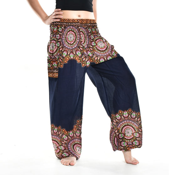 Bohotusk Navy Blue Moon Petal Elasticated Smocked Waist Womens Harem Pants S/M - 3XL