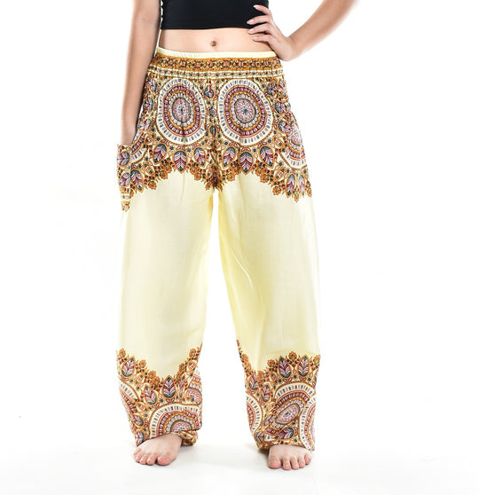 Bohotusk Cream Sand Moon Petal Elasticated Smocked Waist Womens Harem Pants S/M - 3XL