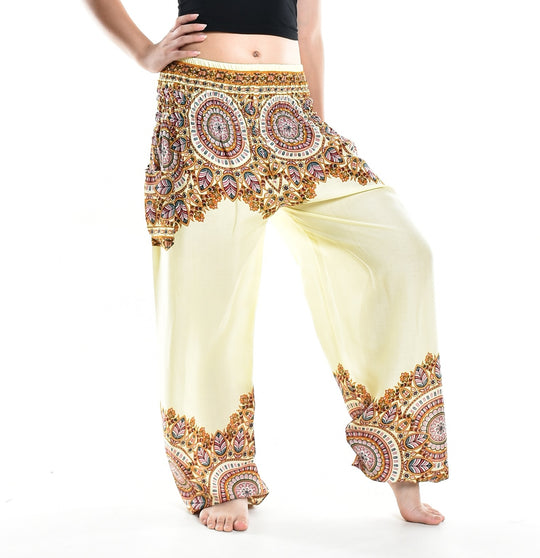 Bohotusk Cream Sand Moon Petal Elasticated Smocked Waist Womens Harem Pants S/M - 3XL