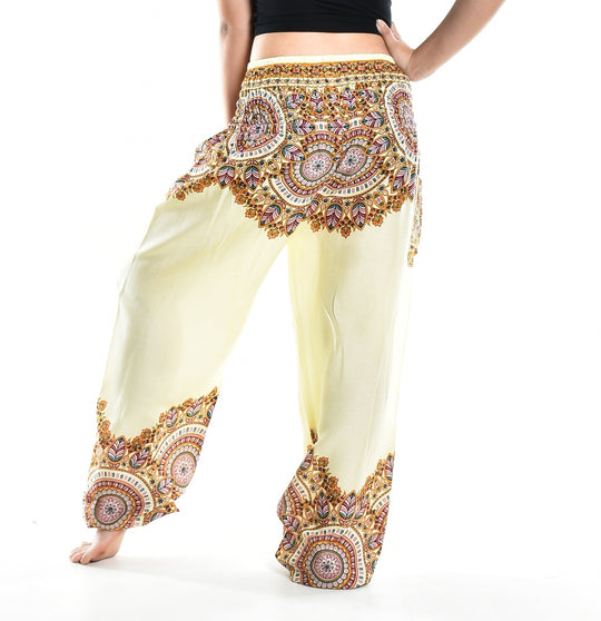 Bohotusk Cream Sand Moon Petal Elasticated Smocked Waist Womens Harem Pants S/M - 3XL