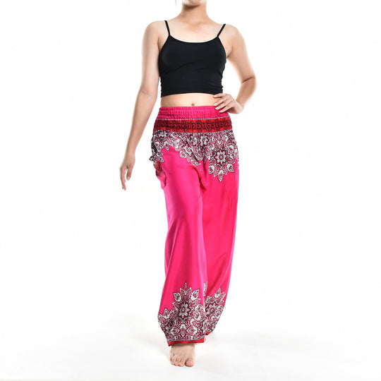 Bohotusk Pink Thai Floral Smocked Waist Harem Pants S/M Only