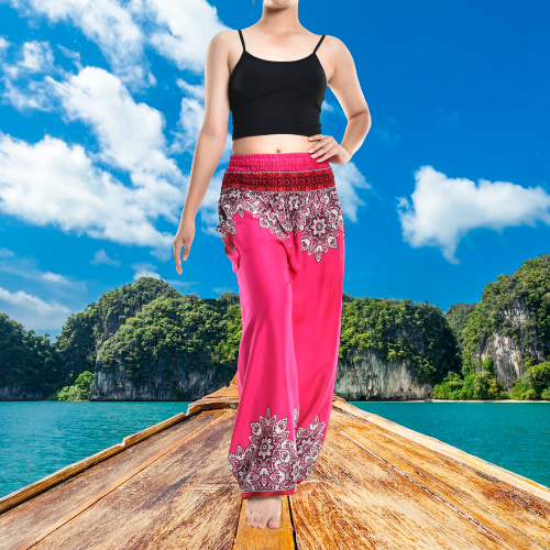 Bohotusk Pink Thai Floral Smocked Waist Harem Pants S/M Only