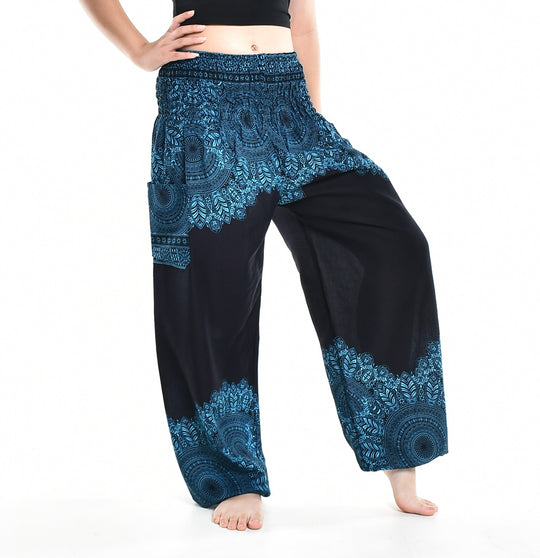 Bohotusk Blue Solar Storm Elasticated Smocked Waist Womens Harem Pants S/M - 3XL