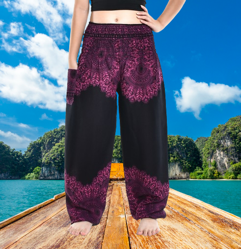 Bohotusk Purple Pink Solar Storm Elasticated Smocked Waist Womens Harem Pants S/M - 3XL