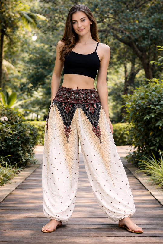 Bohotusk White Peacock Print Elasticated Smocked Waist Womens Harem Pants S/M