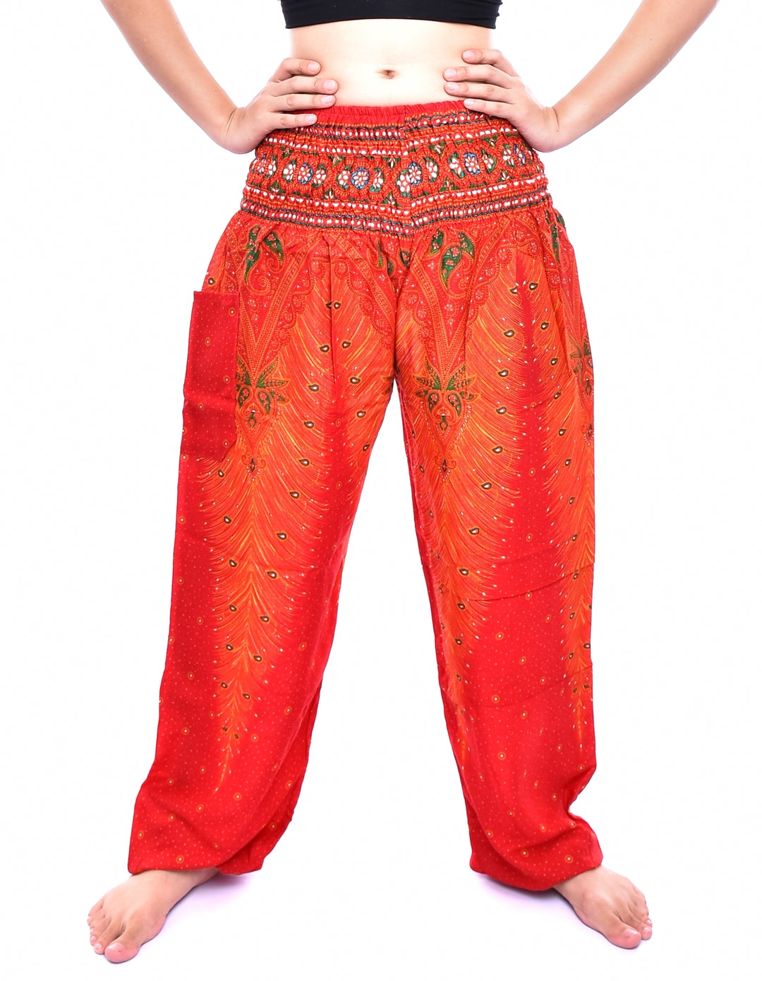 Bohotusk Orange Peacock Print Elasticated Smocked Waist Womens Harem Pants S/M Only