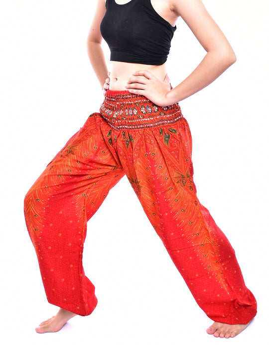 Bohotusk Orange Peacock Print Elasticated Smocked Waist Womens Harem Pants S/M Only