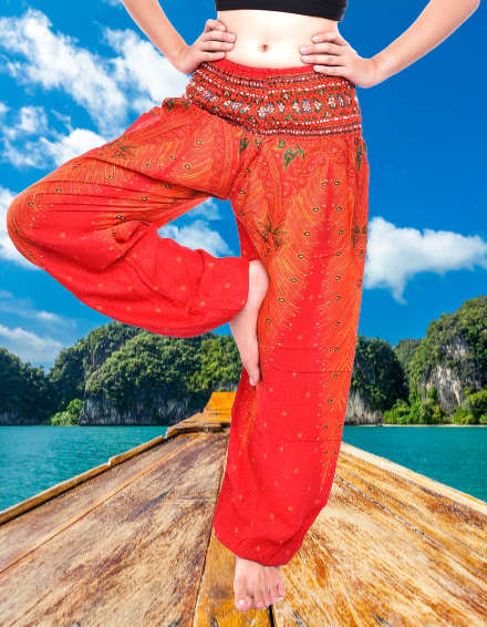 Bohotusk Orange Peacock Print Elasticated Smocked Waist Womens Harem Pants S/M Only