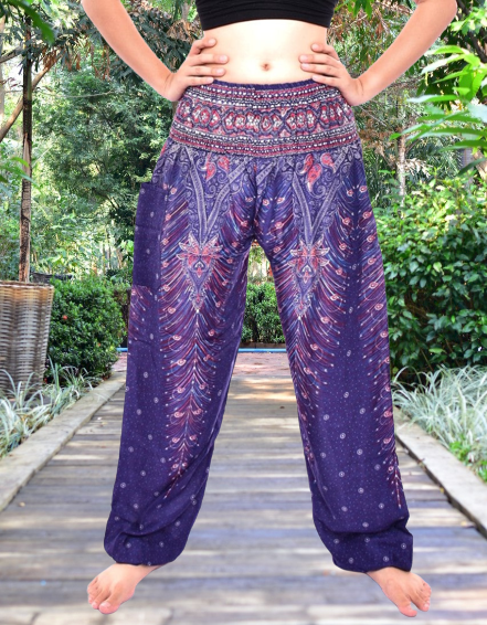 Bohotusk Kids Purple Peacock Elasticated Smocked Waist Harem Pants (9 - 12 Years)