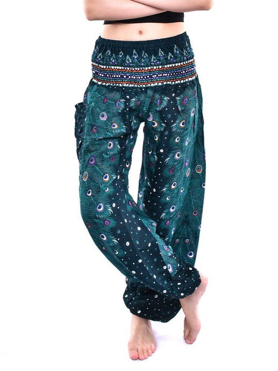 Bohotusk Teal Green Peacock Print Elasticated Smocked Waist Womens Harem Pants S/M