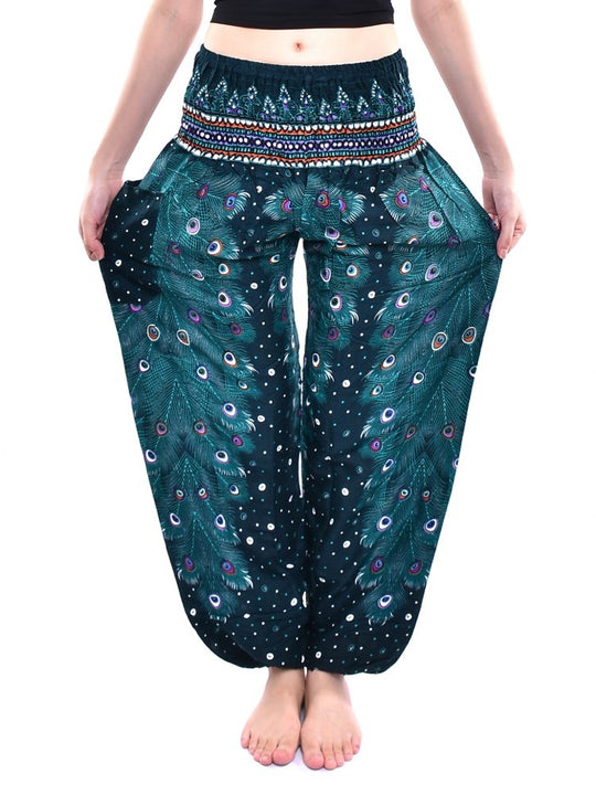 Bohotusk Teal Green Peacock Print Elasticated Smocked Waist Womens Harem Pants S/M