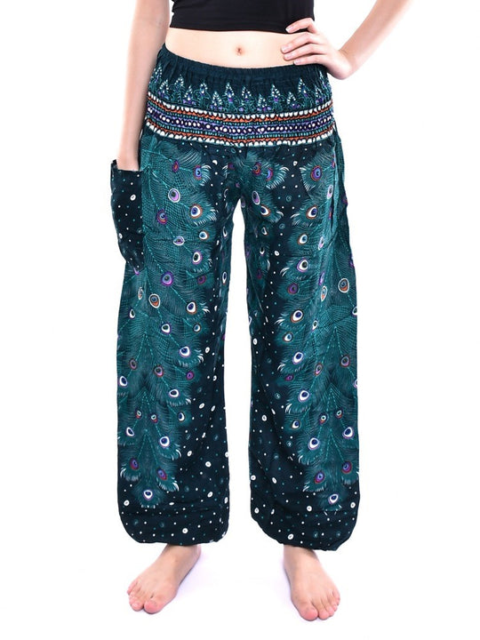 Bohotusk Teal Green Peacock Print Elasticated Smocked Waist Womens Harem Pants S/M