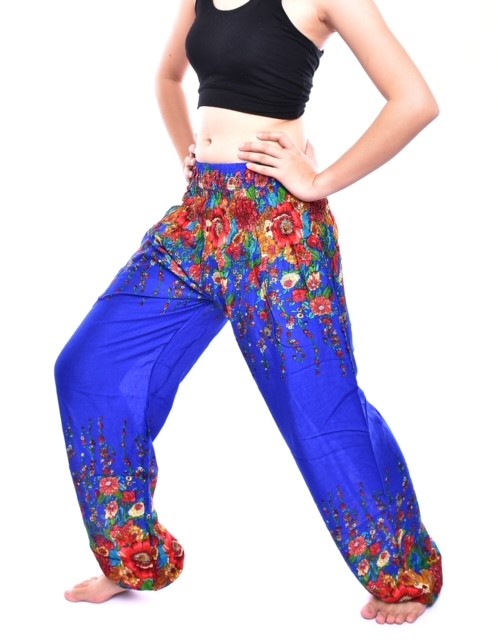 Bohotusk Royal Blue Floral Print Elasticated Smocked Waist Womens Harem Pants S/M Only